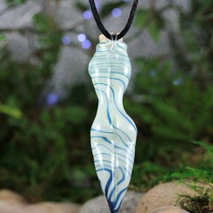 Hand Blown Goddess Vessel, Vial Lampwork Pendant Necklace (Boro/Borosilicate Glass) Female Nude, Oil, Perfume, White & Blue Stripes - Z413