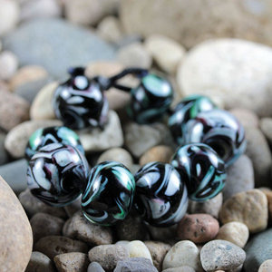 9 Loose Lampwork Rondelle Beads // Soft / Effetre Moretti Glass // Green & White Swirls Over Black Purple - Z805