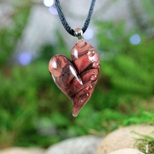 Lampwork Heart Pendant Necklace // Brosilicate/Boro Glass // Swirled, Black, Red, Peach // Z105