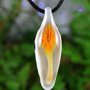 Orange Flower Implosion Lampwork Pendant Necklace // Borosilicate/Boro Glass // Orange Flower Encased in White and Black Polka Dot // Z1122