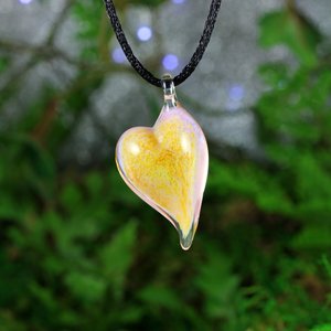 Hand Blown Lampwork Glass Heart Pendant Necklace // Boro/Borosilicate // Handmade Glass Art // Clear, Yellow, Pink Sparkle // Z1126