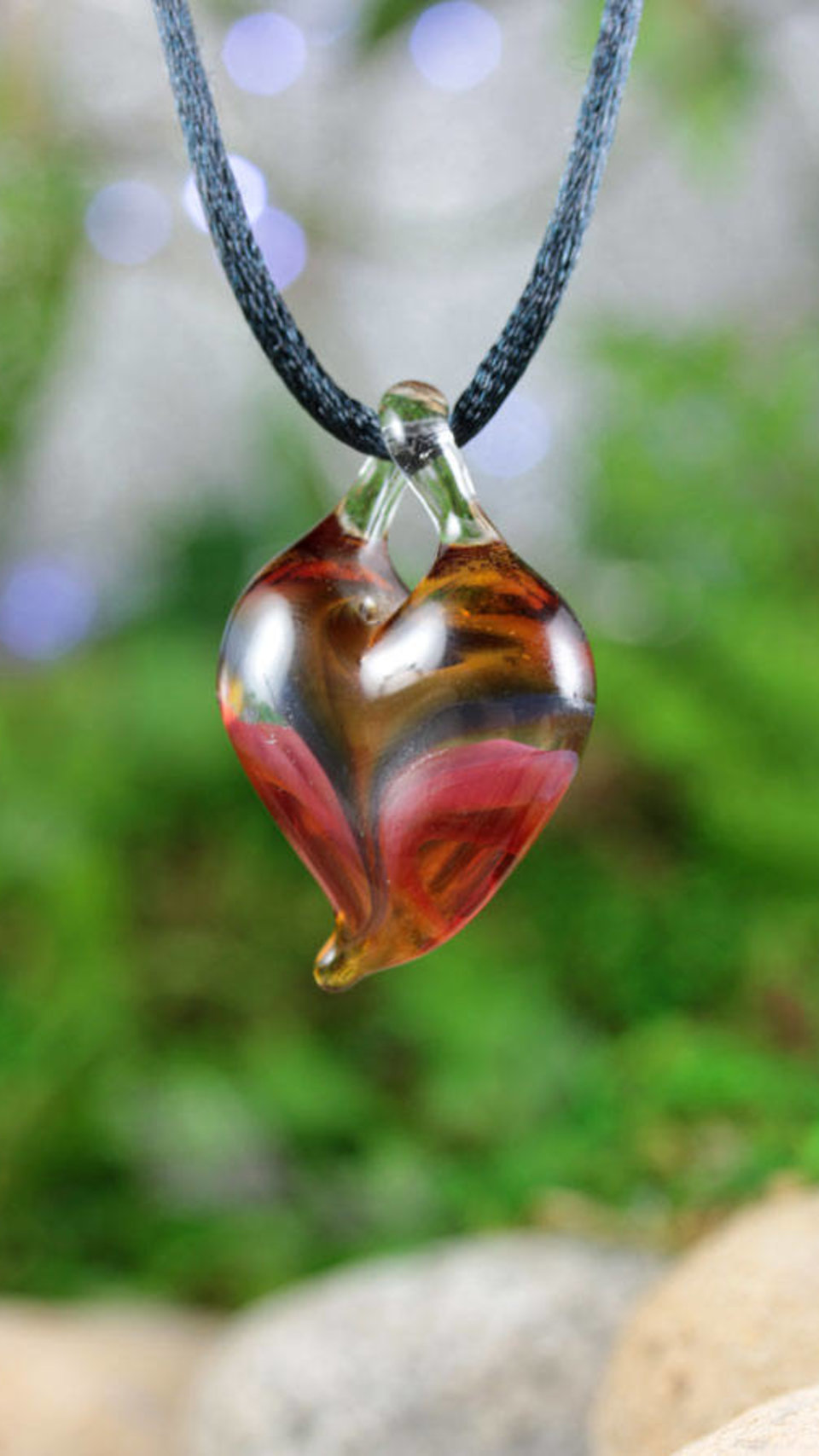 Lampwork Heart Pendant Necklace // Brosilicate/Boro Glass // Transparent// Striped Amber, Purple, Lavender, Pink // Z112
