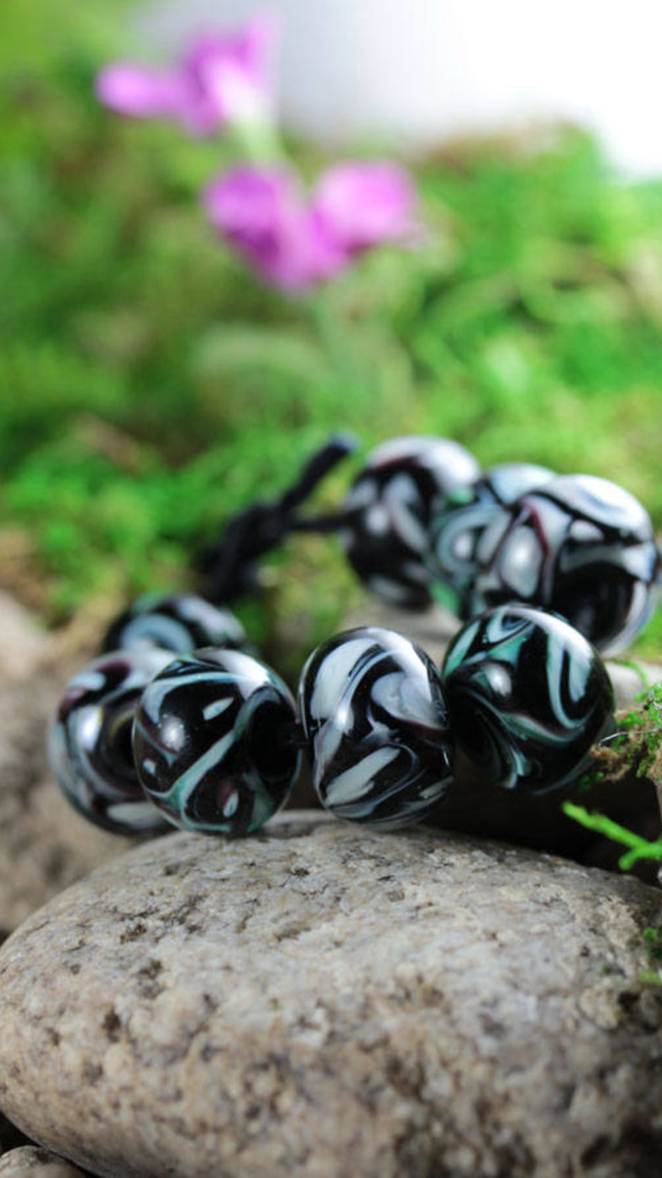 9 Loose Lampwork Rondelle Beads // Soft / Effetre Moretti Glass // Green & White Swirls Over Black Purple - Z805