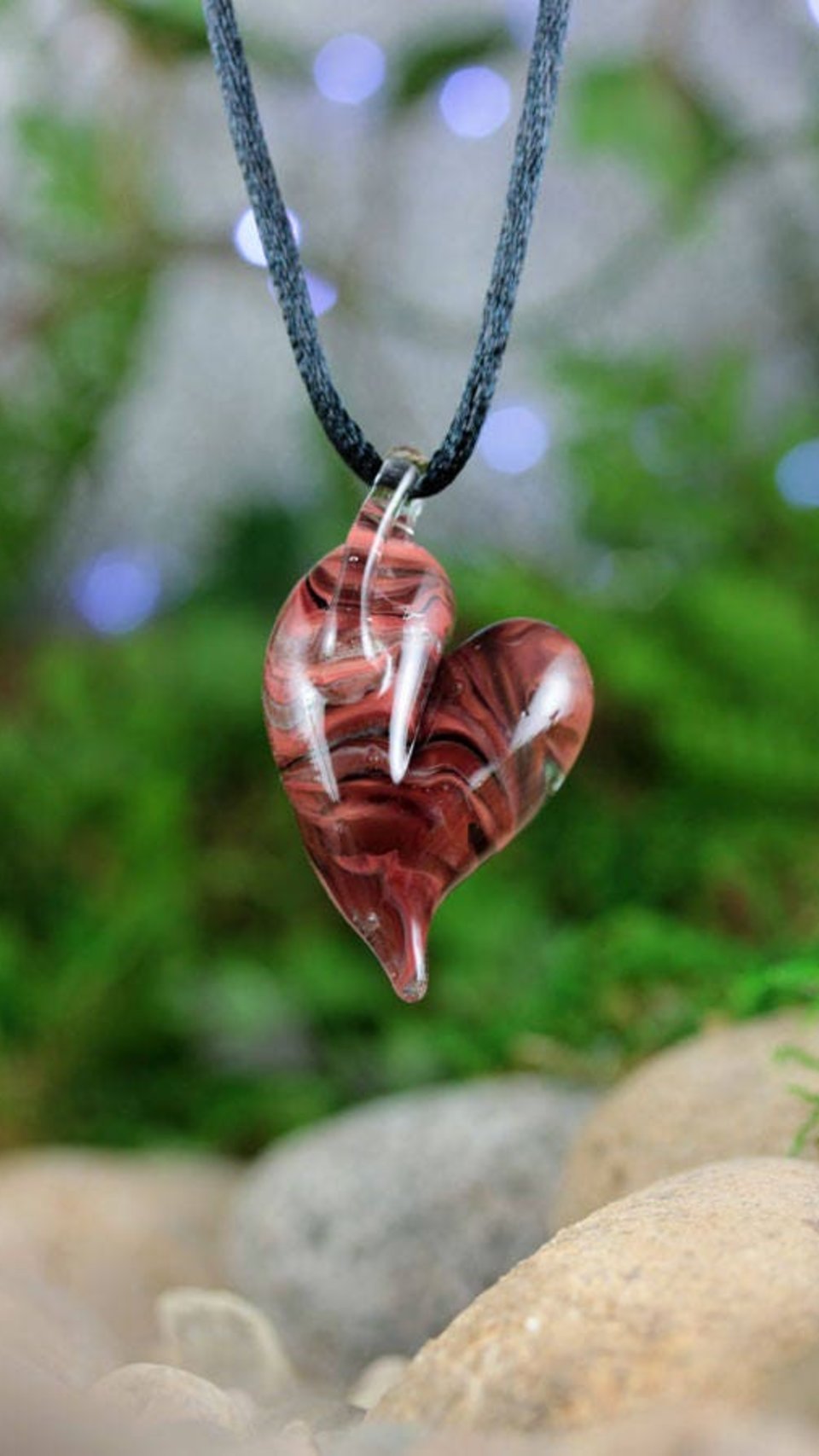 Lampwork Heart Pendant Necklace // Brosilicate/Boro Glass // Swirled, Black, Red, Peach // Z105