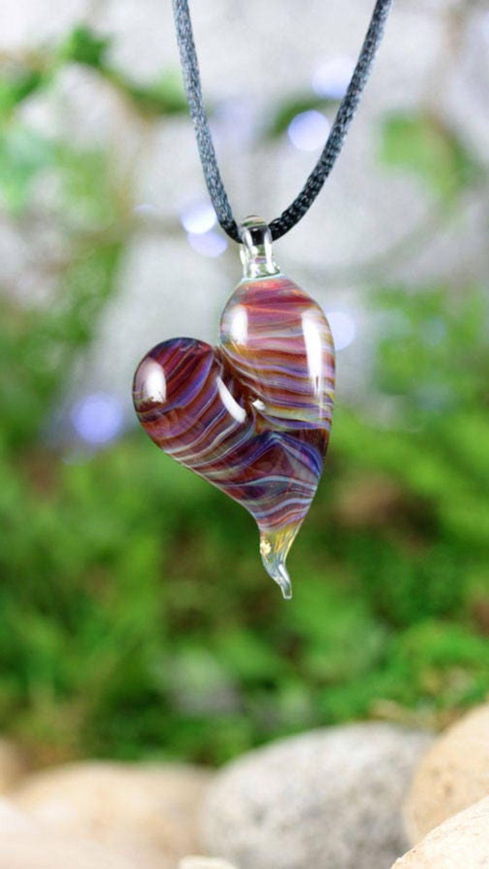 Lampwork Pendant // Heart Necklace // Boro Pendant // Boro/Brosilicate Glass // Striped, Purple, Cranberry Pink, Green // Z1025