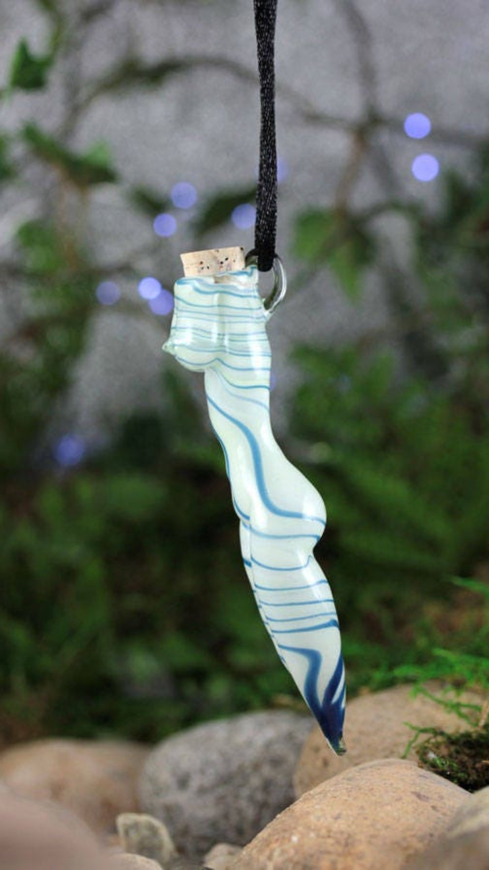Hand Blown Goddess Vessel, Vial Lampwork Pendant Necklace (Boro/Borosilicate Glass) Female Nude, Oil, Perfume, White & Blue Stripes - Z413