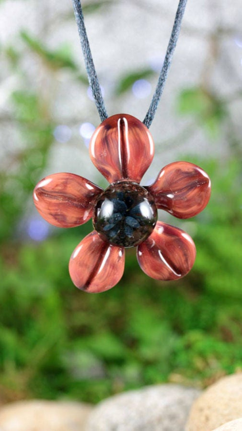 3D Flower Implosion Lampwork Pendant Necklace (Borosilcate / Boro Glass) - Red Raven - Black - Z309