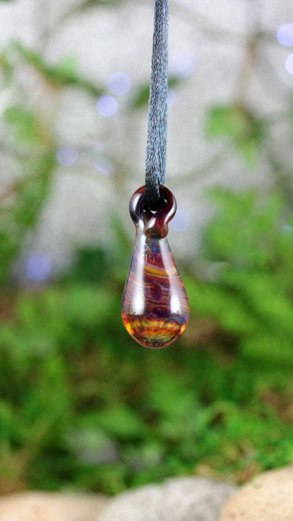 Lampwork Pendant Necklace // Borosilicate/Boro Glass // Dark Rainbow Spiral Tear Drop // Red, Pink Purple // Z178