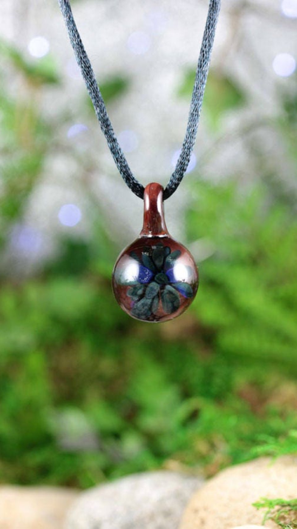 Implosion Lampwork Pendant Necklace // Brosilicate/Boro Glass // Dark Blue, Mahogany, Flower // Z140