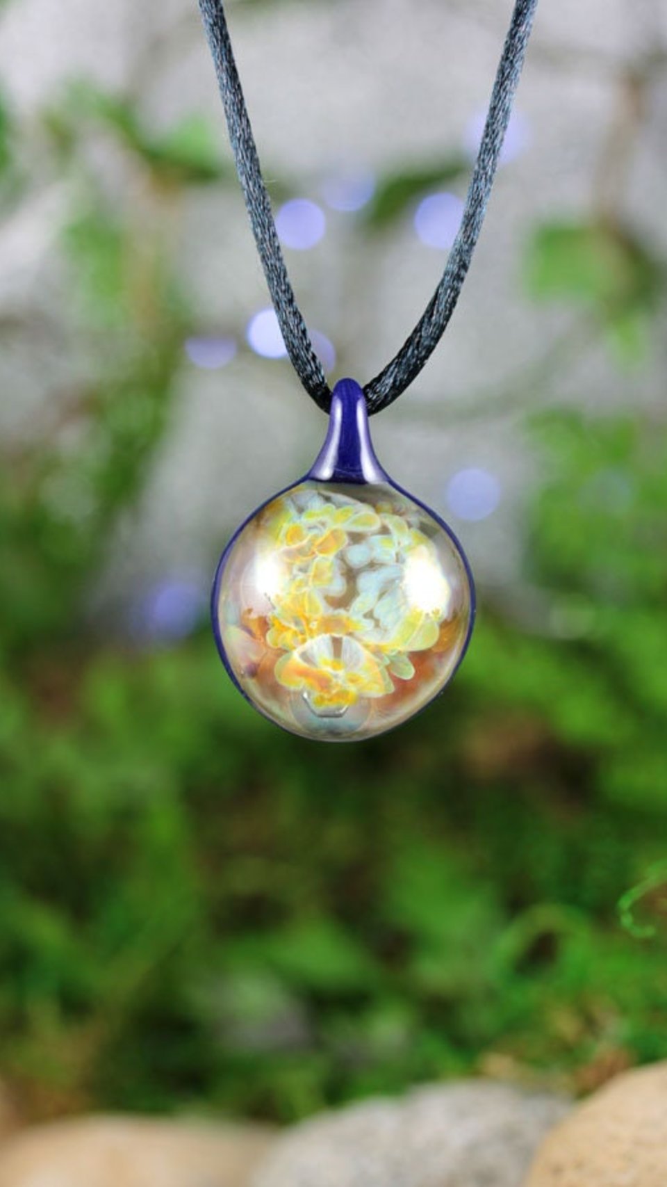 Implosion Pendant // Lampwork Jewelry // Borosilicate Glass // Boro Pendant // Luster Blue, Orange, Yellow, Green // 3 Nuts // Z1027