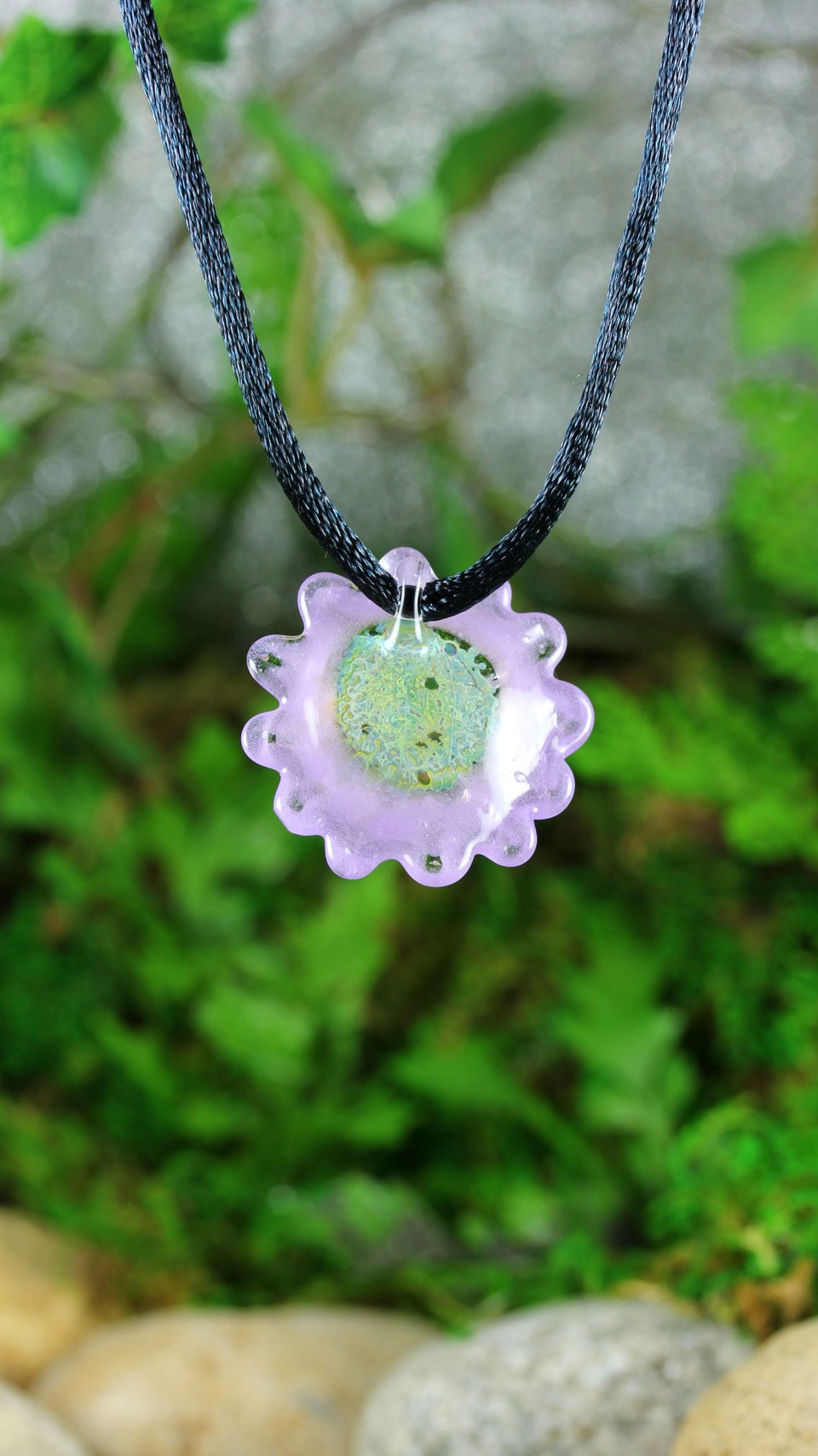 Hand Blown Flower Lampwork Pendant Necklace // Boro/Borosilicate Glass // Lavender, Happy Yellow, Dots // Z312