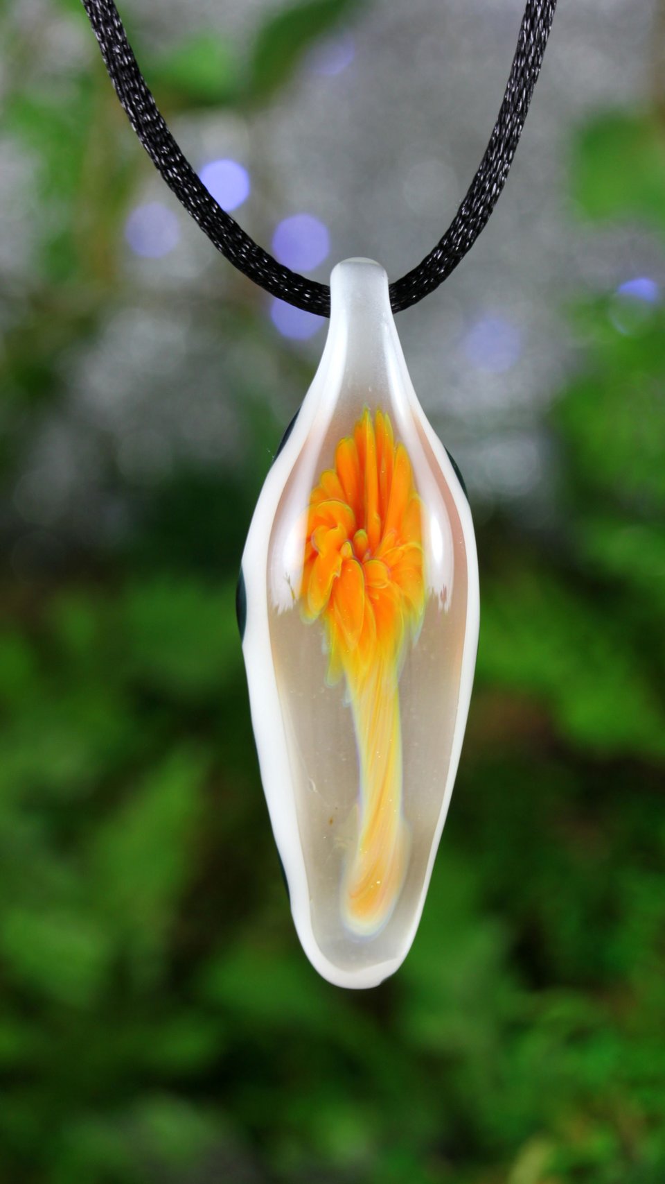 Orange Flower Implosion Lampwork Pendant Necklace // Borosilicate/Boro Glass // Orange Flower Encased in White and Black Polka Dot // Z1122