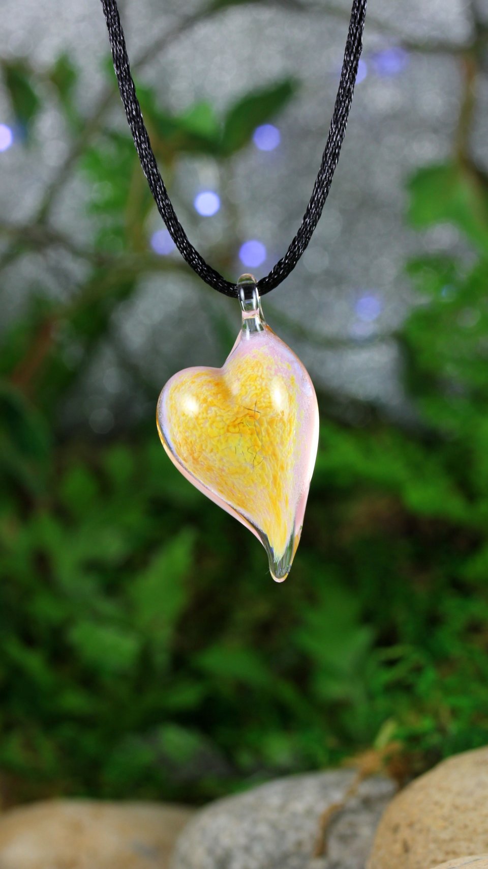Hand Blown Lampwork Glass Heart Pendant Necklace // Boro/Borosilicate // Handmade Glass Art // Clear, Yellow, Pink Sparkle // Z1126