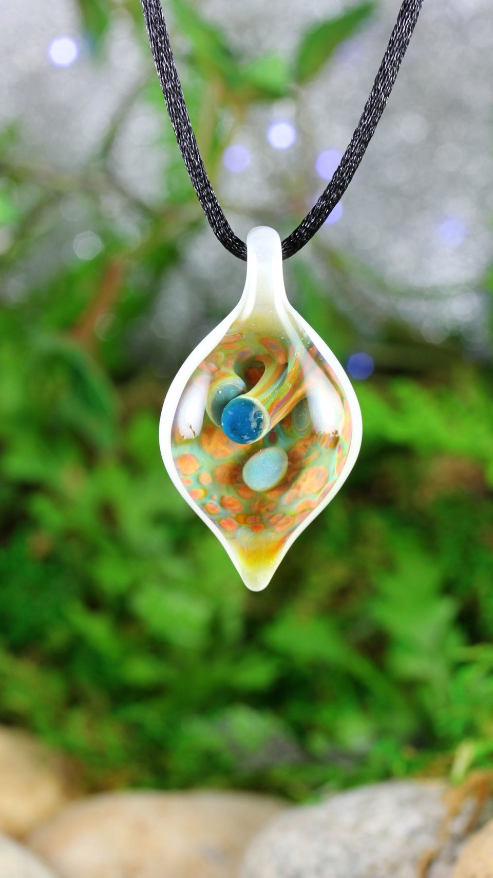 Mushroom Lampwork Pendant // Handmade Glass // Boro/Borosilicate Glass // 4 Blue Mushrooms Growing From the Earth, White // Z1120