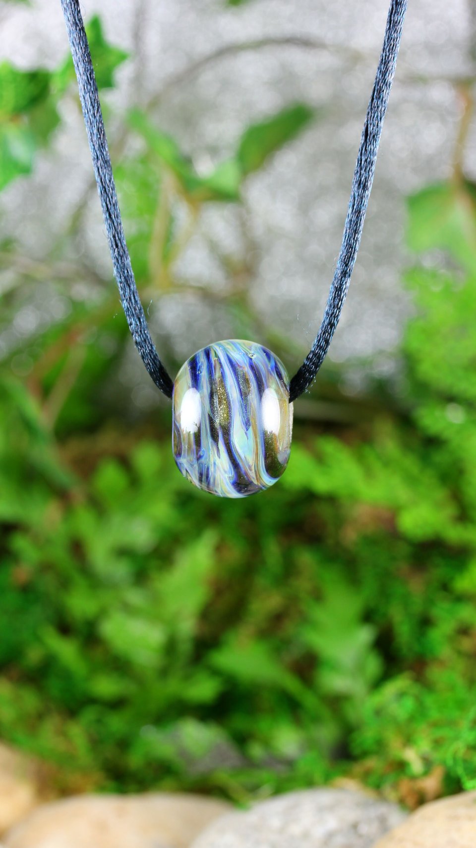 Handmade Large Lampwork Bead Pendant // Borosilicate/Boro Glass // Blue Stripes and Swirl // Center Piece // Z179
