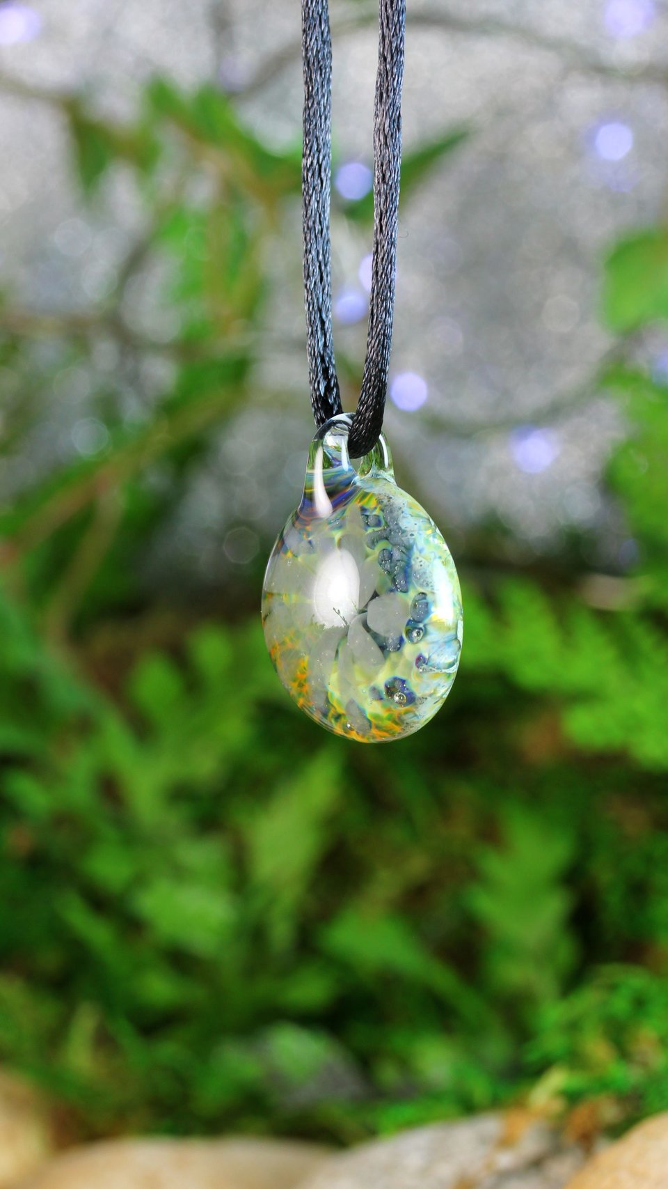 Flower Implosion Lampwork Pendant Necklace // Brosilicate/Boro Glass // Dark Blue, Gray, Yellow Speckled Glitter // Z1132