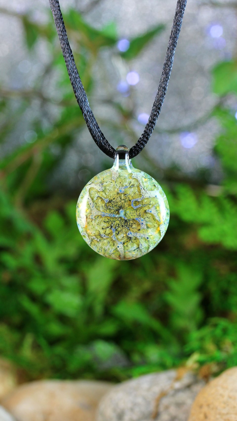 Flower Implosion Lampwork Pendant Necklace // Brosilicate/Boro Glass // Dark Blue, Gray, Yellow Speckled Glitter // Z1132
