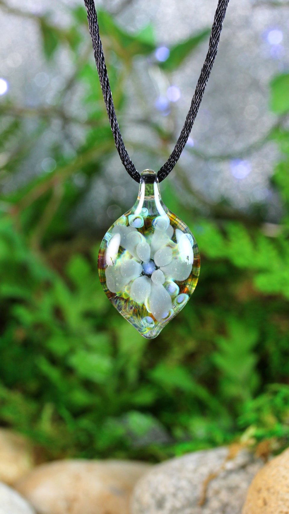 Flower Implosion Lampwork Pendant // Handmade Glass // Boro/Borosilicate Glass // Gray, Blue, Green, Soft 3-D // Z1152
