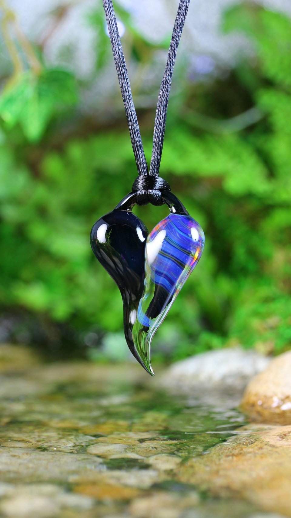 Lampwork Heart Pendant // Heart Necklace // Boro Pendant // Boro/Brosilicate Glass // Striped, Purple, Blue, Black // Z1171