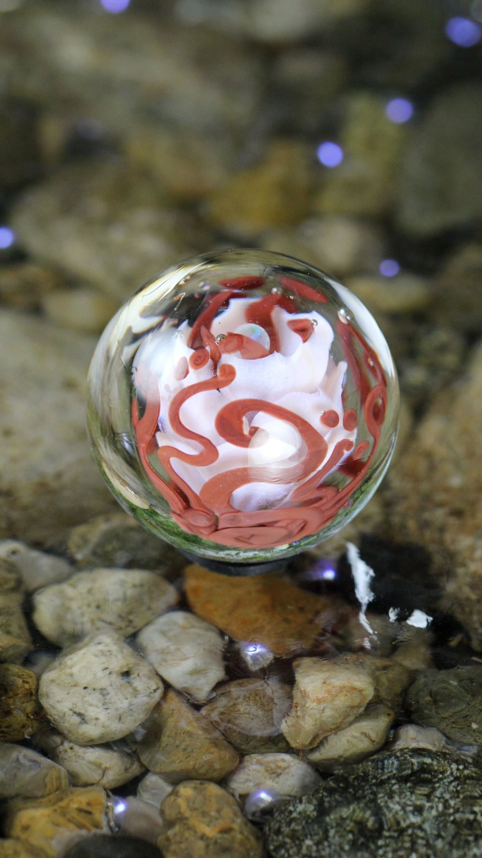 Handmade Lampwork Flower Marble (Borosilicate / Boro Glass) w/ Opal Orb & Art Nouveau Inspired Vines - Hand Blown Marbles - 1 5/16 inch/34mm