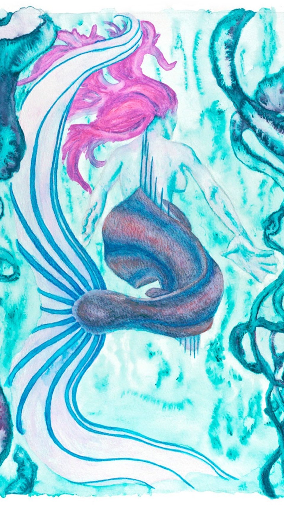Mermaid Painting Wall Art Print 15x11 (38x28 cm), Watercolor, Teal and Magenta, Seaweed Underwater Scene, Fantasy Ocean Scene