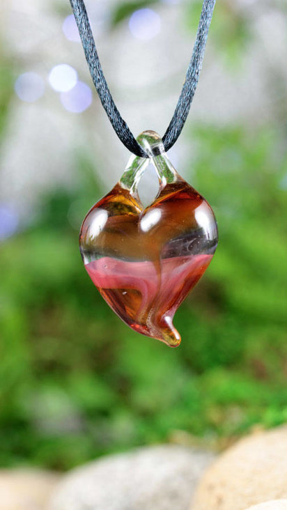 Lampwork Heart Pendant Necklace // Brosilicate/Boro Glass // Transparent// Striped Amber, Purple, Lavender, Pink // Z112