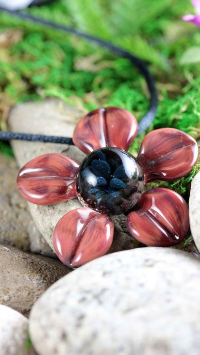 3D Flower Implosion Lampwork Pendant Necklace (Borosilcate / Boro Glass) - Red Raven - Black - Z309