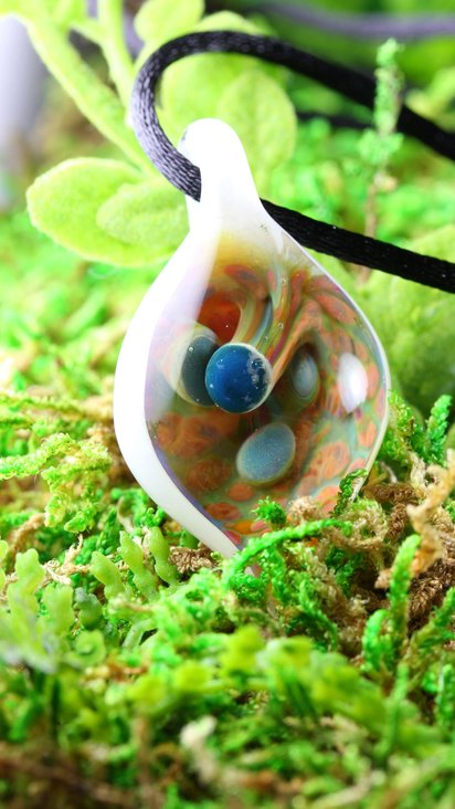 Mushroom Lampwork Pendant // Handmade Glass // Boro/Borosilicate Glass // 4 Blue Mushrooms Growing From the Earth, White // Z1120
