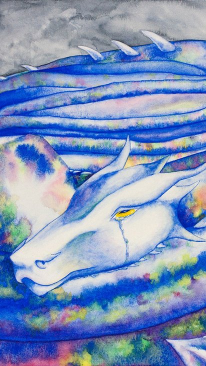 Dragon Painting Wall Art Print 12 x 9 inches (30 x 23 cm), Watercolor, White and Blue