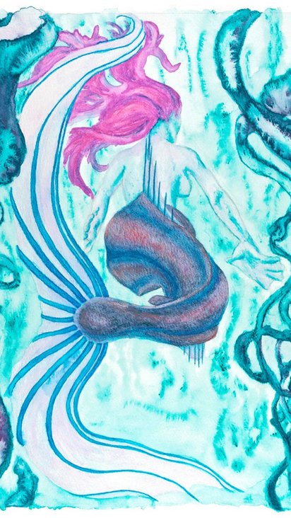 Mermaid Painting Wall Art Print 15x11 (38x28 cm), Watercolor, Teal and Magenta, Seaweed Underwater Scene, Fantasy Ocean Scene