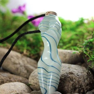 Hand Blown Goddess Vessel, Vial Lampwork Pendant Necklace (Boro/Borosilicate Glass) Female Nude, Oil, Perfume, White & Blue Stripes - Z413