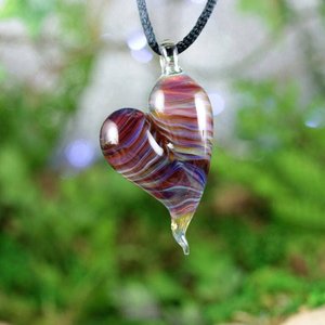 Lampwork Pendant // Heart Necklace // Boro Pendant // Boro/Brosilicate Glass // Striped, Purple, Cranberry Pink, Green // Z1025