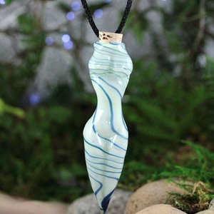 Hand Blown Goddess Vessel, Vial Lampwork Pendant Necklace (Boro/Borosilicate Glass) Female Nude, Oil, Perfume, White & Blue Stripes - Z413