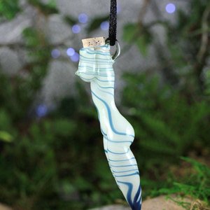 Hand Blown Goddess Vessel, Vial Lampwork Pendant Necklace (Boro/Borosilicate Glass) Female Nude, Oil, Perfume, White & Blue Stripes - Z413