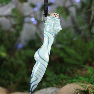 Hand Blown Goddess Vessel, Vial Lampwork Pendant Necklace (Boro/Borosilicate Glass) Female Nude, Oil, Perfume, White & Blue Stripes - Z413