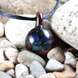 Implosion Lampwork Pendant Necklace // Brosilicate/Boro Glass // Dark Blue, Mahogany, Flower // Z140