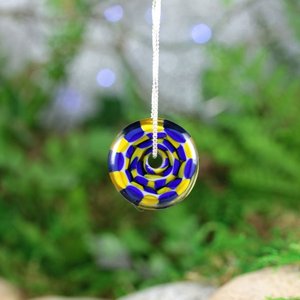 Handmade Lampwork Focal Bead Pendant // Borosilicate /Boro Glass // Blue and Yellow Checkered // Sterling Silver Chain // Z162