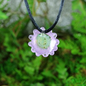 Hand Blown Flower Lampwork Pendant Necklace // Boro/Borosilicate Glass // Lavender, Happy Yellow, Dots // Z312