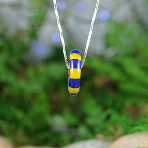 Handmade Lampwork Focal Bead Pendant // Borosilicate /Boro Glass // Blue and Yellow Checkered // Sterling Silver Chain // Z162