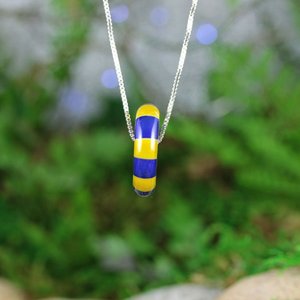 Handmade Lampwork Focal Bead Pendant // Borosilicate /Boro Glass // Blue and Yellow Checkered // Sterling Silver Chain // Z162