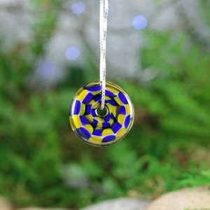 Handmade Lampwork Focal Bead Pendant // Borosilicate /Boro Glass // Blue and Yellow Checkered // Sterling Silver Chain // Z162