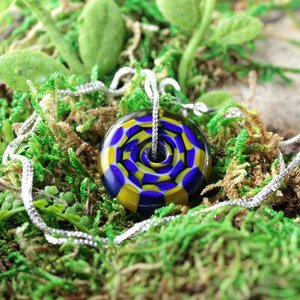 Handmade Lampwork Focal Bead Pendant // Borosilicate /Boro Glass // Blue and Yellow Checkered // Sterling Silver Chain // Z162