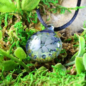 Flower Implosion Lampwork Pendant Necklace // Brosilicate/Boro Glass // Dark Blue, Gray, Yellow Speckled Glitter // Z1132