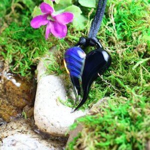 Lampwork Heart Pendant // Heart Necklace // Boro Pendant // Boro/Brosilicate Glass // Striped, Purple, Blue, Black // Z1171