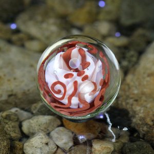 Handmade Lampwork Flower Marble (Borosilicate / Boro Glass) w/ Opal Orb & Art Nouveau Inspired Vines - Hand Blown Marbles - 1 5/16 inch/34mm