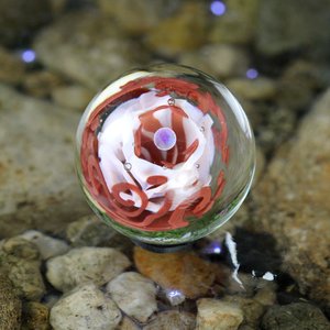 Handmade Lampwork Flower Marble (Borosilicate / Boro Glass) w/ Opal Orb & Art Nouveau Inspired Vines - Hand Blown Marbles - 1 5/16 inch/34mm