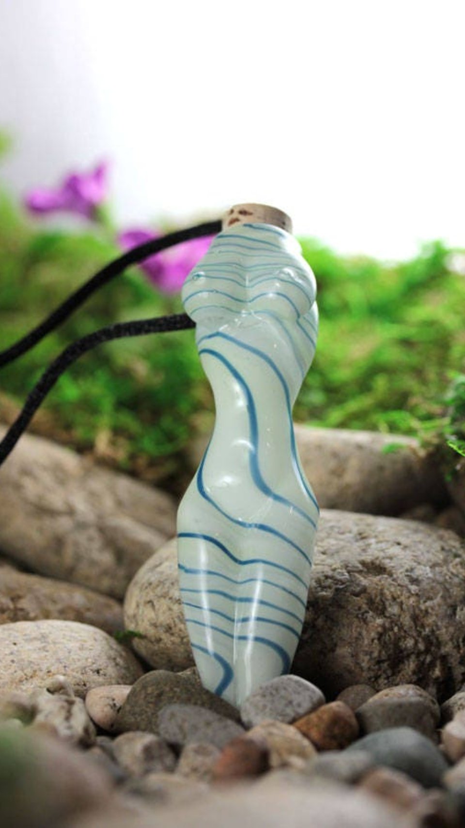 Hand Blown Goddess Vessel, Vial Lampwork Pendant Necklace (Boro/Borosilicate Glass) Female Nude, Oil, Perfume, White & Blue Stripes - Z413