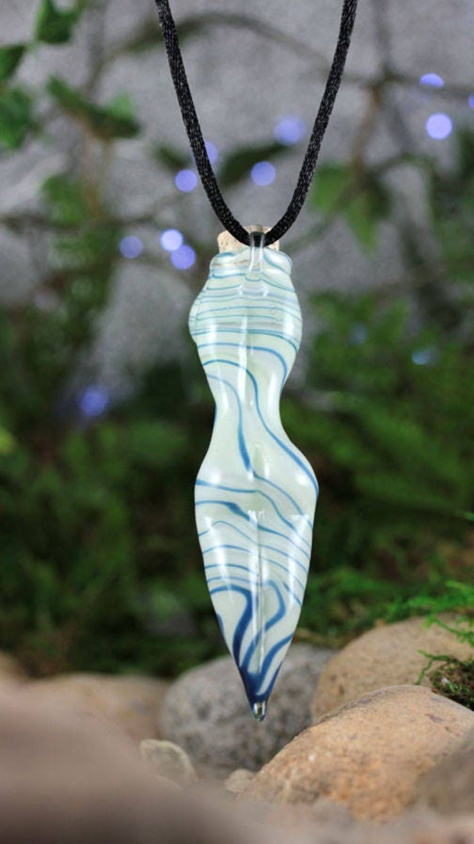 Hand Blown Goddess Vessel, Vial Lampwork Pendant Necklace (Boro/Borosilicate Glass) Female Nude, Oil, Perfume, White & Blue Stripes - Z413