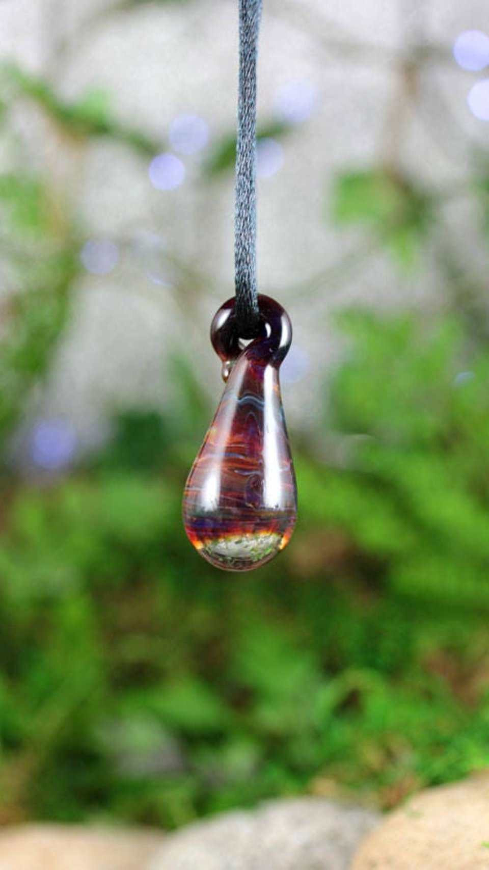 Lampwork Pendant Necklace // Borosilicate/Boro Glass // Dark Rainbow Spiral Tear Drop // Red, Pink Purple // Z178