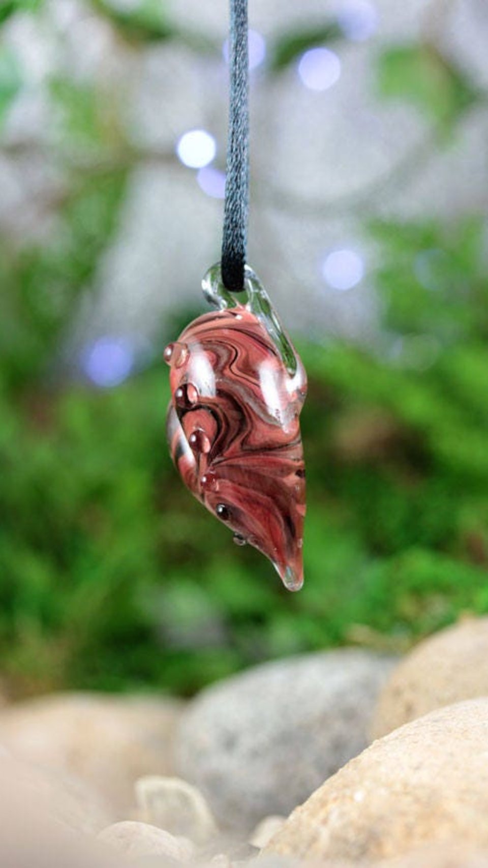 Lampwork Heart Pendant Necklace // Brosilicate/Boro Glass // Swirled, Black, Red, Peach // Z105